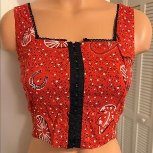 Monteau LA Red Western Themed Crop Top Linen Blend Horseshoes Boots Wheels NWT